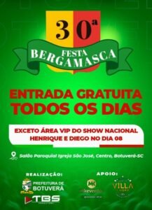 30ª Festa Bergamasca inicia nesta sexta-feira (6/9), em Botuverá (SC)