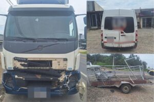 Reboque se desprende e atinge caminhão com placas de Brusque na Rod. Ivo Silveira, em Gaspar