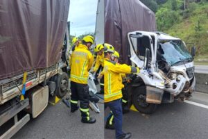 Passageiro fica preso em cabine após colisão entre caminhões na BR-101, em Itapema