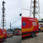 Bombeiros resgatam homem em torre de comunicação de 35 metros em SC