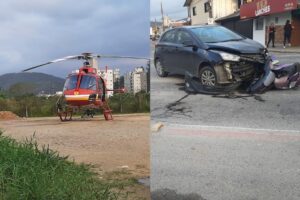 VÍDEO: Grave acidente entre carro e moto mobiliza Helicóptero Arcanjo no bairro Steffen