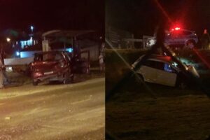 Carro cai em ribanceira após colisão traseira no bairro Volta Grande