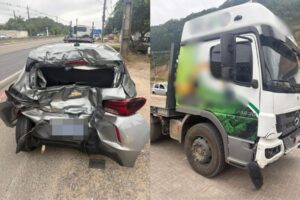 Traseira de carro fica destruída após acidente na Rodovia Antônio Heil