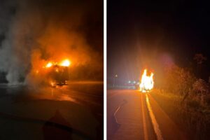 Incêndio consome furgão que transportava potes de sorvete