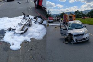 Motociclista em estado grave é socorrida pelo helicóptero Arcanjo após colisão em Timbó