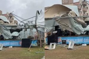 Vento forte danifica palco de show em Balneário Gaivota (SC)