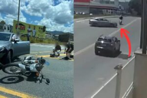 Câmera flagra colisão entre carro e moto próximo à Ponte do Trabalhador, em Brusque