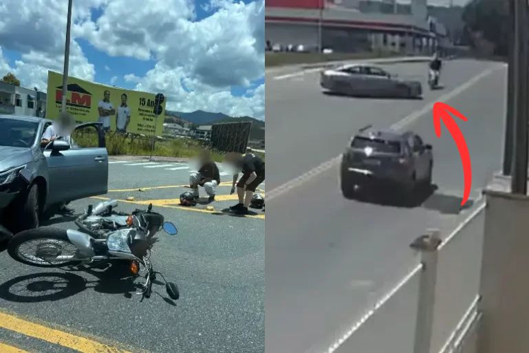 Câmera flagra colisão entre carro e moto próximo à Ponte do Trabalhador, em Brusque