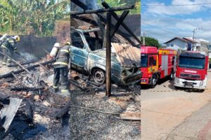Incêndio destrói casa e veículo no bairro Porto da Galera, em Canelinha