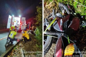Motociclista sai da pista, atinge cerca e sofre suspeita de fratura em Gaspar