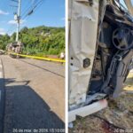 Caminhão tomba, bate em poste e caçamba é arremessada para barranco na SC-110