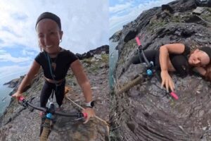 Ciclista grava acidente enquanto pedalava em trilha perigosa à beira de penhasco