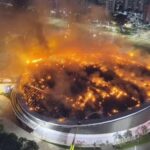 Incêndio atinge velódromo do Parque Olímpico e destrói parte da cobertura no Rio de Janeiro