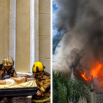 Bombeiros retiram imagem de Jesus Cristo de igreja destruída por incêndio no RS