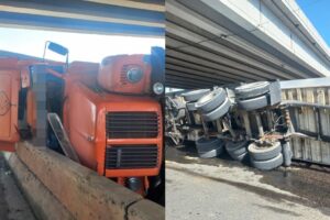 Tombamento de caminhão é registrado na SC-486 em Itaipava, em Itajaí