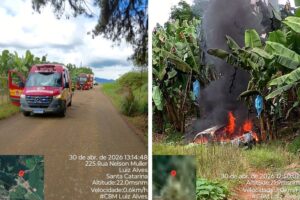 Incêndio destrói caminhonete após acidente no Vale do Itajaí