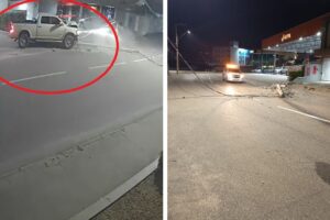 Caminhonete derruba poste e deixa fiação sobre a pista no Centro de Brusque; VÍDEO