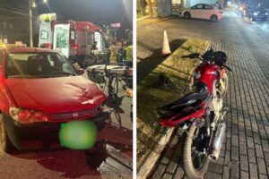 Motociclista e garupa ficam feridos após acidente com dois carros no Maluche