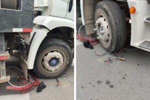 Ciclista tem dedos esmagados e suspeita de fraturas após acidente com caminhão, em Navegantes