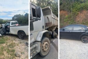 Colisão entre Hilux, caminhão e carro deixa um ferido grave em São João Batista
