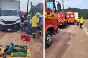 Motorista fica preso às ferragens após colisão frontal entre carro e caminhão em Gaspar