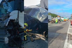 Engavetamento seguido de capotamento deixa feridos graves na BR-101 em Penha