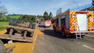 Mulher morre e motorista fica gravemente ferido após caminhão sair da pista na BR-282