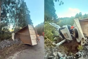 Motorista sobrevive após ficar preso às ferragens em caminhão carregado de pedras