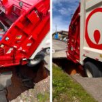 Cratera se abre e “engole” roda de caminhão de lixo em Brusque