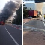 Engavetamento entre três carretas termina em incêndio na BR-376