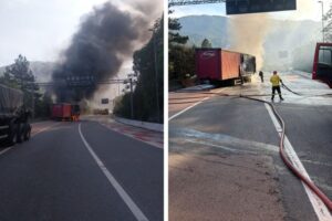 Engavetamento entre três carretas termina em incêndio na BR-376