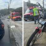 Motociclista colide com caminhão e carro e garupa fica ferida em Brusque