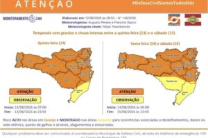 Alerta da Defesa Civil: risco de temporais, granizo e chuva intensa entre quinta (13) e sábado (15)
