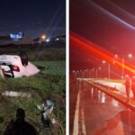Carro capota e fica parcialmente submerso em área de mangue na SC-401