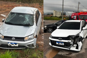 Colisão entre três veículos termina em capotamento no novo acesso de Ilhota