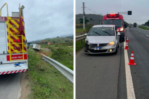 Carro e caminhão se envolvem em acidente seguido de saída de pista na BR-470