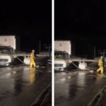 Caminhão atinge poste na Rua Arnoldo Ristow, em Brusque