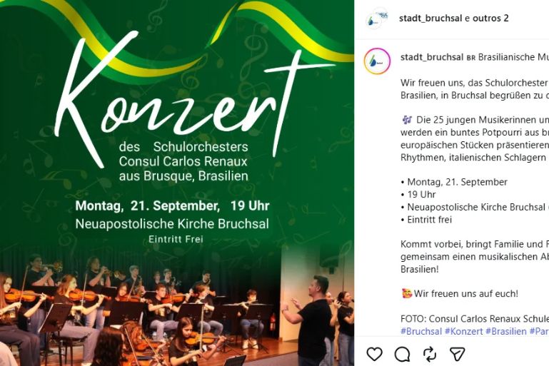 Pelo Instagram, cidade alemã destaca apresentação da Orquestra do Colégio Cônsul na Alemanha