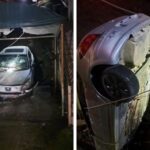 Carro cai sobre garagem e cozinha de residência no bairro Azambuja, em Brusque