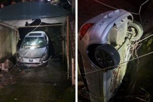 Carro cai sobre garagem e cozinha de residência no bairro Azambuja, em Brusque