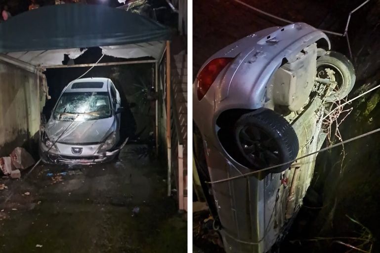 Carro cai sobre garagem e cozinha de residência no bairro Azambuja, em Brusque