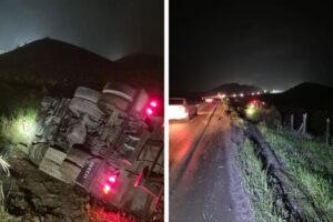 Tombamento de caminhão mobiliza o Corpo de Bombeiros na SC-417