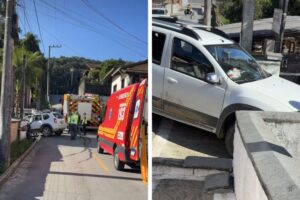 Carro colide contra muro e mulher fica ferida em Brusque