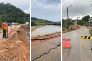 Defesa Civil de Brusque interdita Rua Cristalina após erosão e risco de desabamento da via