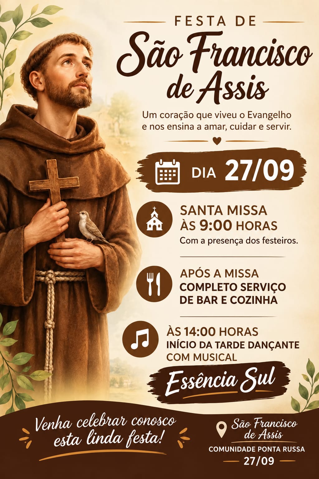 Festa de São Francisco de Assis terá tríduo, gastronomia e tarde dançante na Ponta Russa