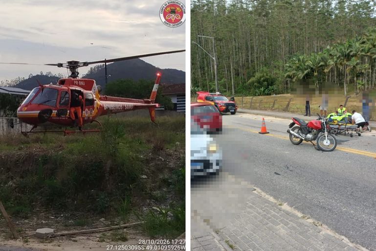 Colisão com caminhão deixa motociclista gravemente ferido em Guabiruba