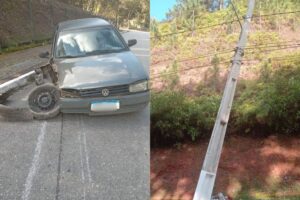 Carro roda na pista e bate contra poste nos fundos do Hospital Azambuja