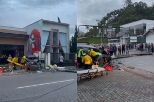 Grave acidente deixa dois feridos e derruba poste no Centro de Guabiruba