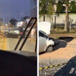Carros batem em lombada eletrônica e poste durante a manhã em Brusque