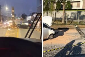 Carros batem em lombada eletrônica e poste durante a manhã em Brusque